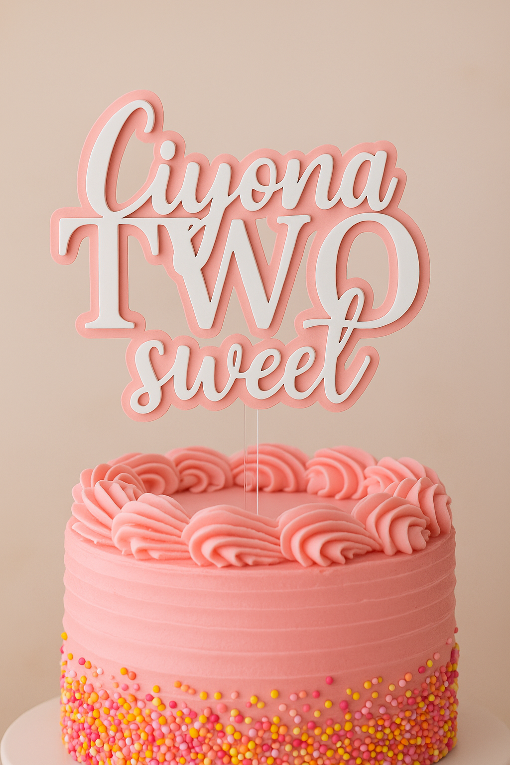 Two Sweet Pink Birthday Cake Topper – Custom Name Acrylic Decoration